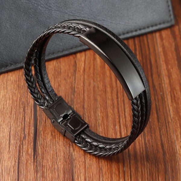 Bracelet gravé personnalisé en cuir pour homme en acier inoxydable, cadeau fête des pères, petite amie papa papa, cadeau pour lui, cadeau pour petit ami