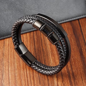 Leren roestvrijstalen heren gepersonaliseerde gegraveerde armband, Vaderdagcadeau, vader vader vriend vader, cadeau voor vader, jubileumcadeau
