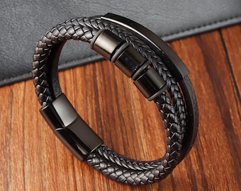 Leather Stainless Steel Men&#39;s Personalised Engraved Bracelet, Father&#39;s Day Gift, Dad Daddy Boyfriend Father , gift for dad, anniversary gift