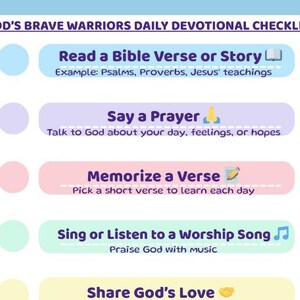 May include: A light blue checklist titled "GOD'S BRAVE WARRIORS DAILY DEVOTIONAL CHECKLIST" with a lion graphic. The checklist includes prompts to read a Bible verse, say a prayer, memorise a verse, sing a worship song, and share God's love.
