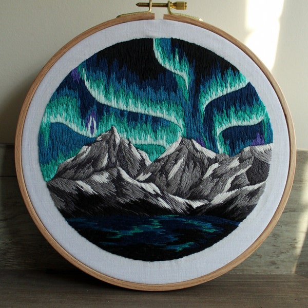 Aurora Borealis Embroidery Pattern, Instant Download DIY Craft, Northern Lights, Landscape Art