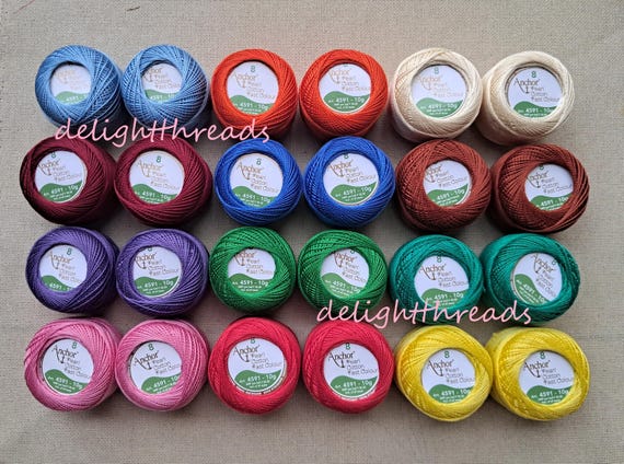 24pc ANCHOR PEARL COTTON Crochet Balls 10GMs each, made from Long Staple 2 Ply Cotton from Egypt in Vibrant Fast Colors - Art 4591010