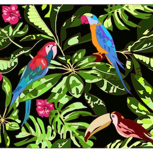 May include: A colourful illustration of parrots and a toucan set against a backdrop of green leaves and pink flowers on a black background. The artwork has a tropical theme, with detailed depictions of the birds and plants.