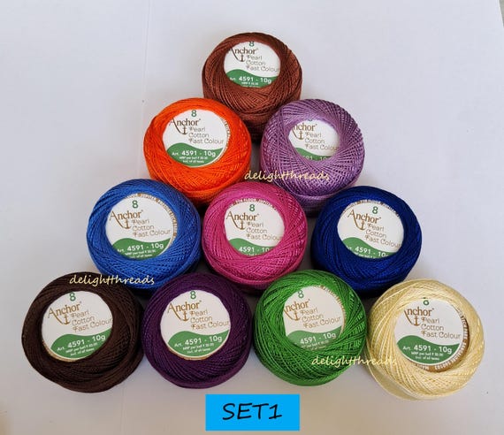 10pc ANCHOR PEARL COTTON Crochet Balls 10GMs each, made from Long Staple 2 Ply Cotton from Egypt in fast color