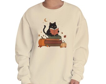 Black Cat Reading Sweatshirt, Cozy Bookish Fall with Pumpkins, Spooky season book lover gift