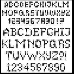 May include: Black and white cross-stitch alphabet and numbers. The letters are uppercase and the numbers are from 1 to 9 and 0.