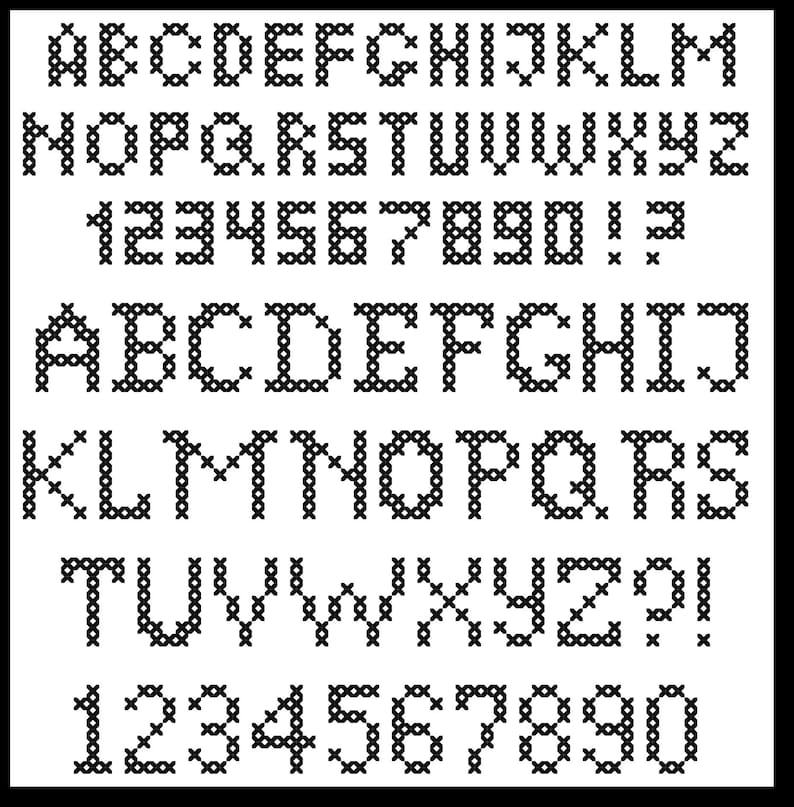 May include: Black and white cross-stitch alphabet and numbers. The letters are uppercase and the numbers are from 1 to 9 and 0.
