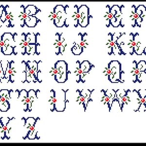 May include: A cross-stitch alphabet sampler featuring the letters A through Z. Each dark blue letter is adorned with a red rose and green leaves. The letters are displayed in a grid against a black background, perfect for personalized crafts.
