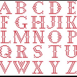 May include: Red embroidered alphabet letters A through Z on a white background. Each letter is made up of a grid of red stitches.