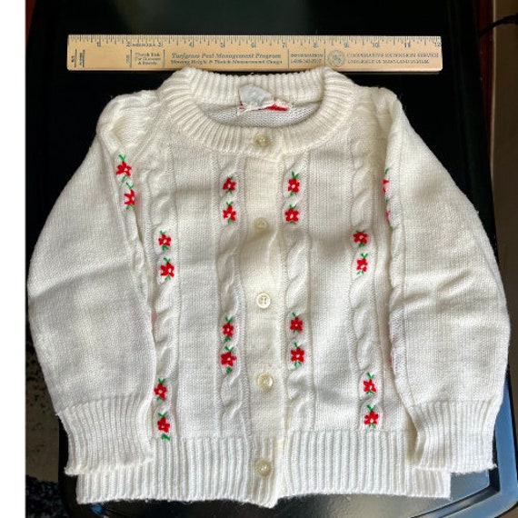 70s Babycrest Baby Cardigan with Red Flowers | 24… - image 1