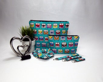 Teal Campervan Gift Set including Make up bag, Wash bag, Wristlets(Key Fobs) and Scrunchies