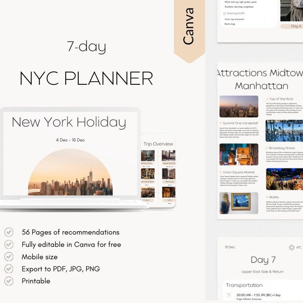 Digitaler New York Reiseplaner | Bearbeitbarer Planer | In Canva | Download Reiseplan | Der ultimative New York Reiseführer