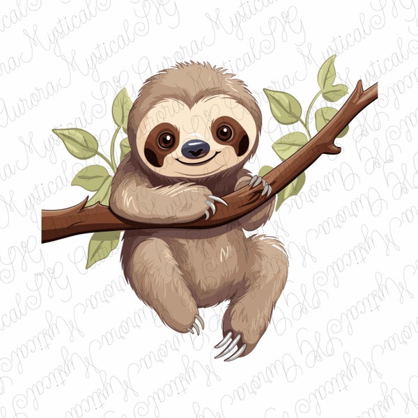 Cartoon Baby Sloth SVG, Hanging Sloth, Lazy Sloth Clipart, Funny Vector Digital Design, Cute Mammal Clipart