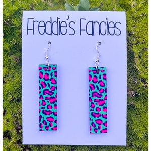 Turquoise and Magenta Leopard Dangly Earrings