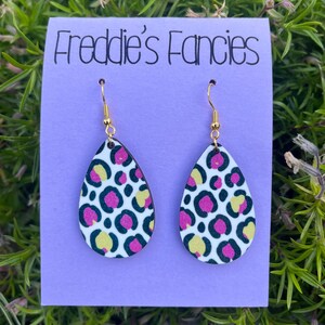 Magenta & Yellow Leopard Tear Drop Dangly Earrings