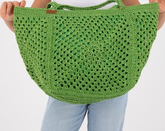 Handmade Green Granny Square Design Crochet Tote Bag, Eco-Friendly Beach Bag - Large Summer Handbag, Paper Yarn Knitted Bag For Women