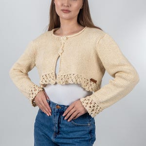 Handmade Cream Cotton Knit Cropped Bolero Cardigan with Scalloped Hem and Cuffs - Lightweight Spring Summer Open Front Shrug - Boho Style