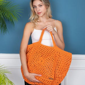 Handgemachte Orange Große Einkaufstasche Häkeln, Boho Chic Sommer Strand Tasche, Einkaufstasche, Schultertasche, Orange Papiergarn Stricktasche