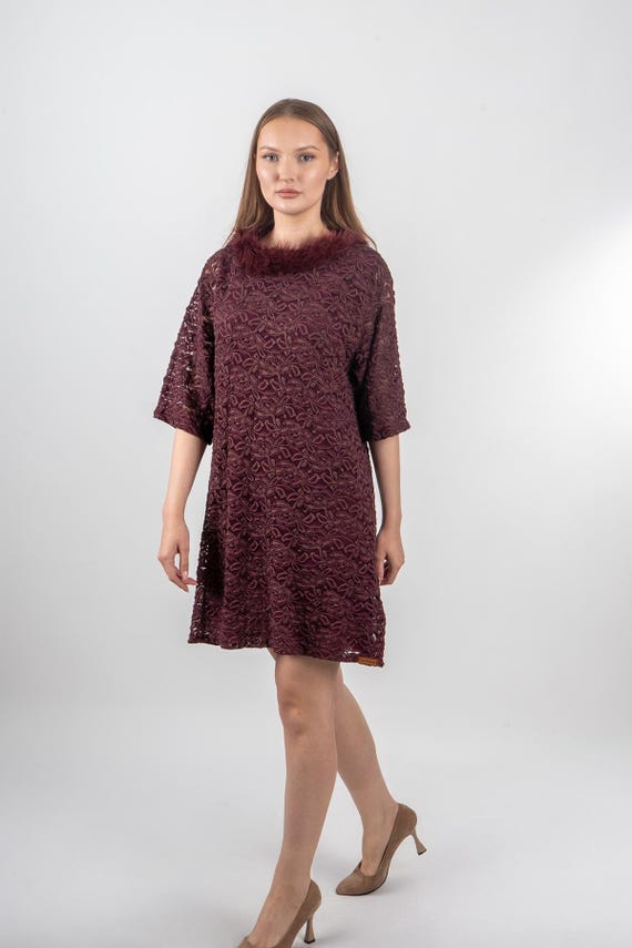 Elegant Burgundy Lace Dress with Plush Collar and Lining, Chic Party Cocktail Dress, Special Occasion Midi Dress for Women, Gift for Her