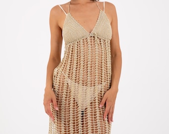 Handmade Gold Glitter Crochet Beach Dress – Boho See-Through Cover-Up – Festival Sheer Maxi Dress – Shimmering Summer Outfit For Women