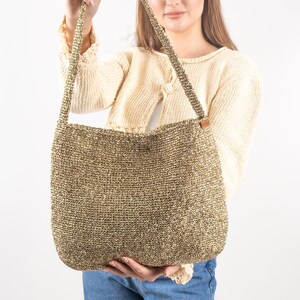 Sparkling Raffia Crochet Shoulder Bag, Elegant Hand-Knitted Metallic Gold Hobo Bag, Chic Evening Bag for Women, Handmade Shoulder Bag