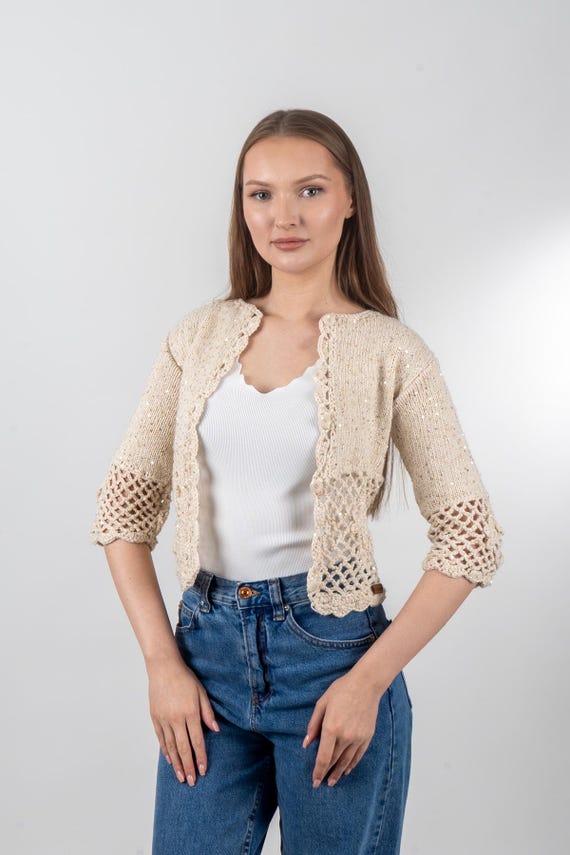 Funkelnde kurze Bolero-Jacke aus Wolle Eleganter handgestrickter