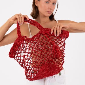 Handmade Metallic Red Raffia Crochet Mesh Bag, Large Spacious Summer Beach Tote, Boho Chic Shoulder Bag, Lightweight & Stylish Net Bag