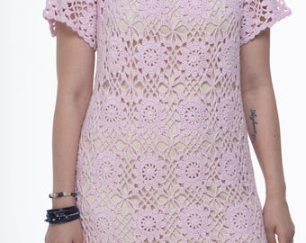Handmade Pink Crochet Dress Beach Cover-Up, Boho Chic Cotton Motif Dress, Summer Beachwear, Elegant A-Line Design, Beach Dress For Women