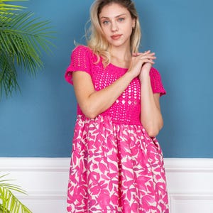 Handmade Pink Crochet and Fabric Summer Dress - Boho Style Cotton Lace Top with Floral Skirt, Unique Handmade Outfit, Summer Dress For Her