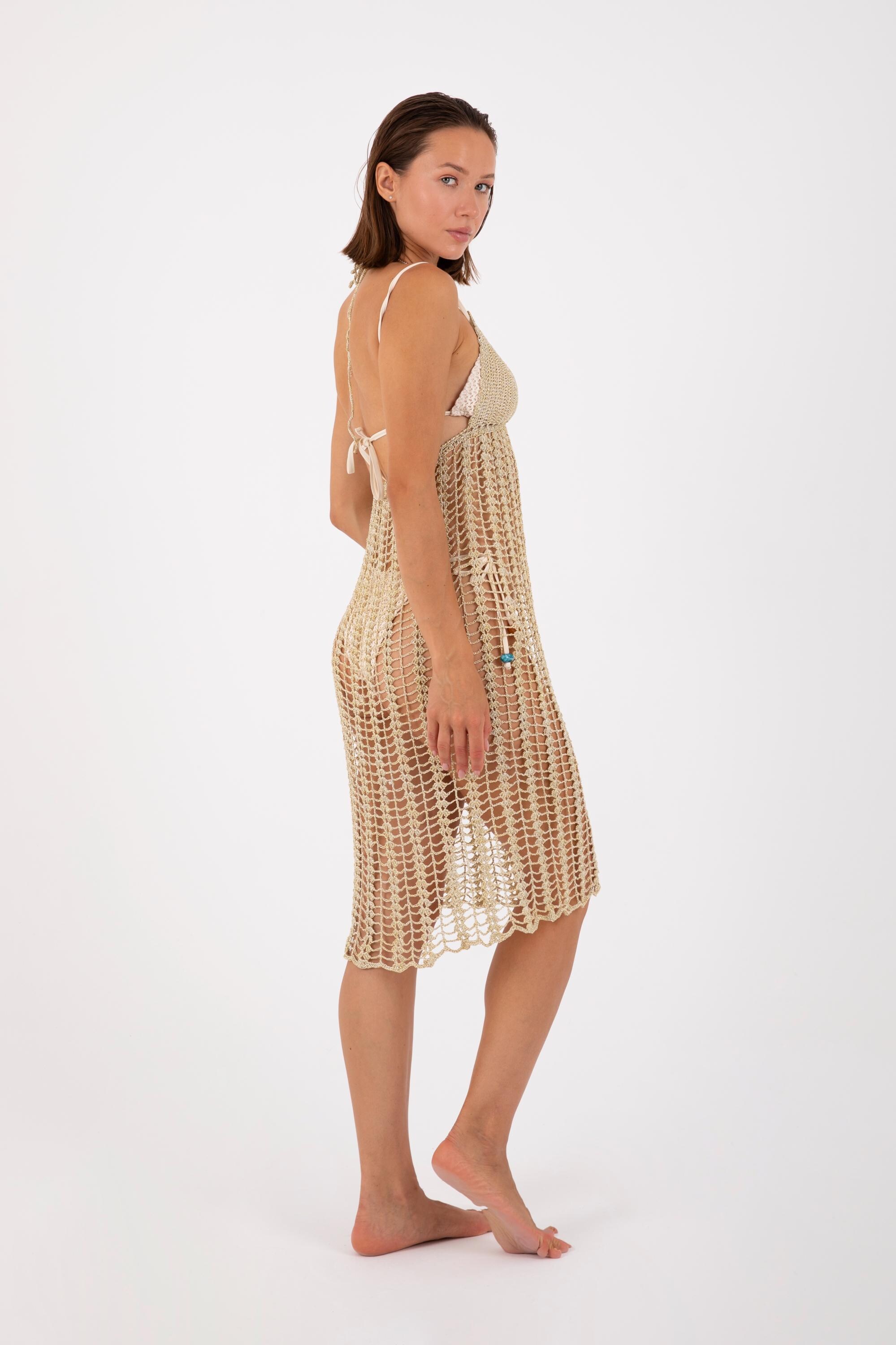 Handmade Gold Glitter Crochet Beach Dress - Boho See-Through Cover-Up - Festival Sheer Maxi Dress - Shimmering Summer Outfit For Women