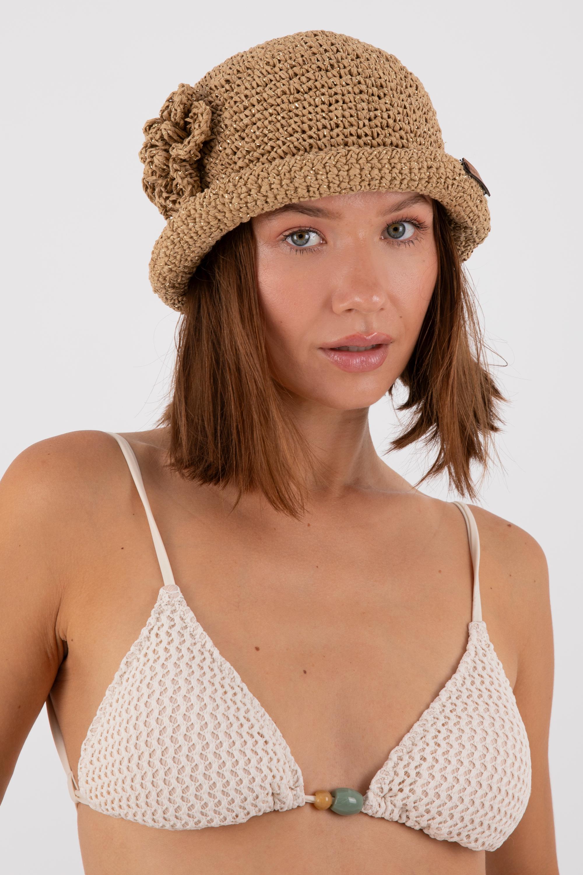 Handmade Beige Raffia Crochet Cloche Hat With Floral Detail  display picture 1