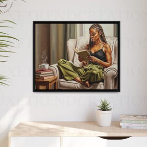 Black Woman Reading Framed Canvas Art, Cozy Book Lover Gift, African American Reading Nook Decor, Relaxing Home Library Wall Art
