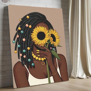 Sunflower Afro Art Canvas, Boho Black Girl Wall Print, Self-Love Home Decor, Floral Afrocentric Artwork, Gift for Her, Modern Bohemian Style