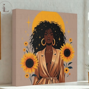 Sunflower Afro Art Canvas, Boho Wall Decor for Black Women, Feminine Self-Love Artwork, Floral Canvas Gift for Her, Afrocentric Home Decor