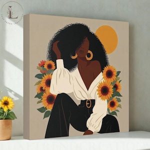 Sunflower Afro Art Canvas, Boho Wall Decor for Black Women, Feminine Self-Love Artwork, Floral Canvas Gift for Her, Afrocentric Home Decor