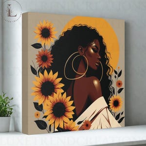 Sunflower Afro Art Canvas, Boho Black Girl Wall Print, Self-Love Home Decor, Floral Afrocentric Artwork, Gift for Her, Modern Bohemian Style
