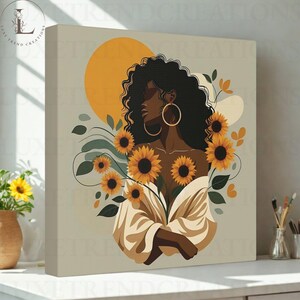 Sunflower Afro Art Canvas, Boho Wall Decor for Black Women, Feminine Self-Love Artwork, Floral Canvas Gift for Her, Afrocentric Home Decor