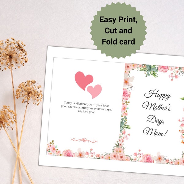 Happy Mothers Day Greeting card l Digital Download Card Instant Gift Last Minute Gift Idea DIY Card Design Heartfelt message easy cut fold