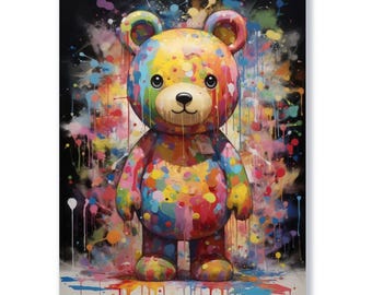 Lebendiger Farbentanzbär - Wandkunst, Bärenposter, Leinwand, Aludruck und Acryl für Wohnzimmer, Schafzimmer oder Büro