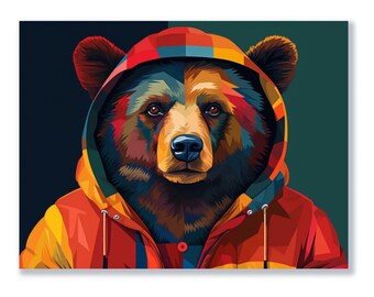 Farbiger Bär - Wandkunst, Bärenposter, Leinwand, Aludruck und Acryl für Wohnzimmer, Schafzimmer oder Büro
