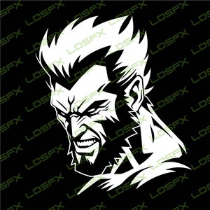 Puede incluir: Una ilustración en blanco y negro de la cara de un hombre con una expresión feroz. El hombre tiene barba y un peinado salvaje.