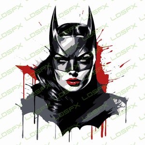Può includere: Un'illustrazione in bianco e nero di una donna che indossa un costume da supereroe con un simbolo di pipistrello sul petto. L'immagine è stilizzata con schizzi di vernice rossa e grigia.