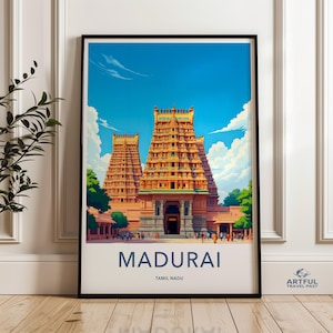 Madurai Tamil Nadu India travel poster wall art, vibrant architectural art, colorful India travel art print