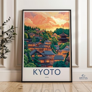 Kyoto Japan Wall Art Print, Sunset Over Traditional Japanese Cityscape, Illuminated House Village, Pagoda, Serene Nature