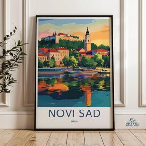 Novi Sad Wall Art, Servië landschapsdruk, stadsgezicht poster, kleurrijk huisdecor, reiskunst, kunstwerk Europese stad, schilderachtige illustratie