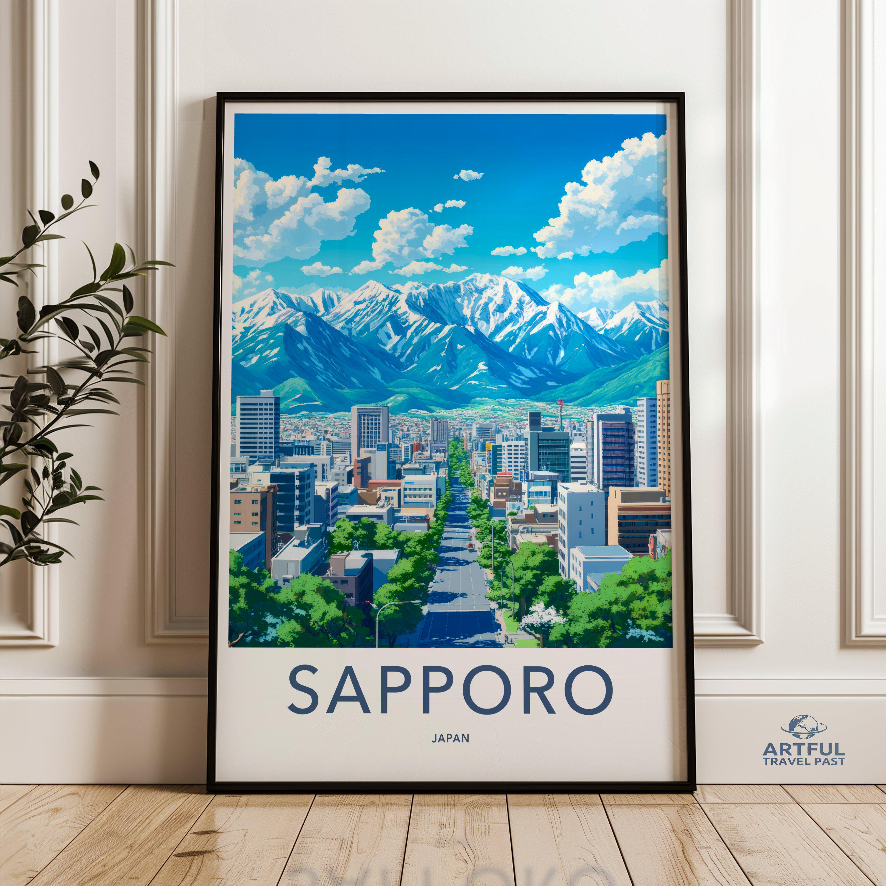 札幌のウォールアート、山の街並みのポスター、風景画、モダンな室内