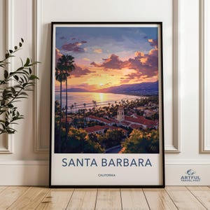 Santa Barbara Wall Art, California Print, Sunset Over Beach, Coastal Landscape, Palm Trees, Travel Poster, California Art, Beach House Decor