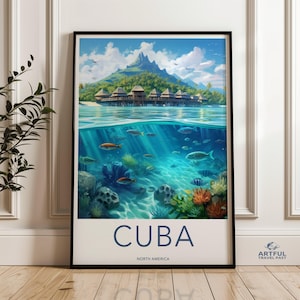 Cuba Wall Art, Vibrant Coastal Scenery Print, Tropical Ocean Decor, Island Paradise Poster, Underwater Marine Life Illustration