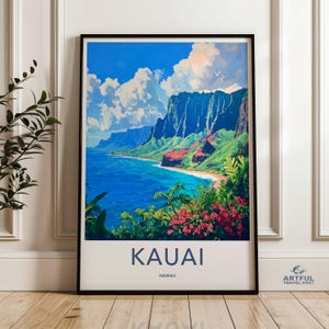 Kauai Hawaii Wall Art, Scenic Coastal Landscape Print, Vibrant Nature Decor, Ocean and Mountains Art, Beach Theme Poster, Tropical Artwork