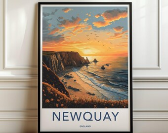 Cuadro decorativo de una puesta de sol costera, lámina de la playa de Newquay (Inglaterra), póster con vista al océano, obra de arte natural para la decoración del hogar.